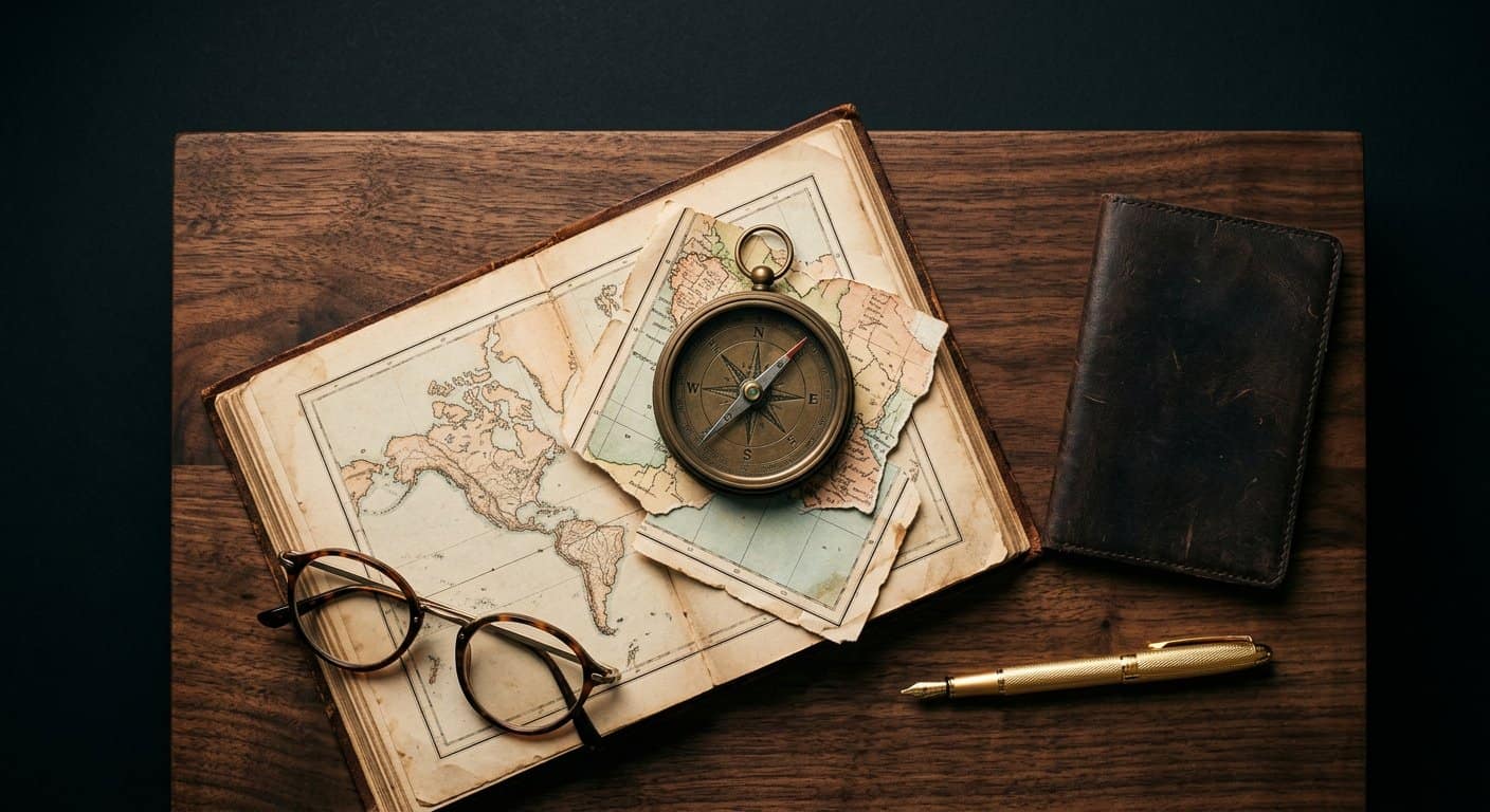 Brass compass on an atlas with a passport and gold pen