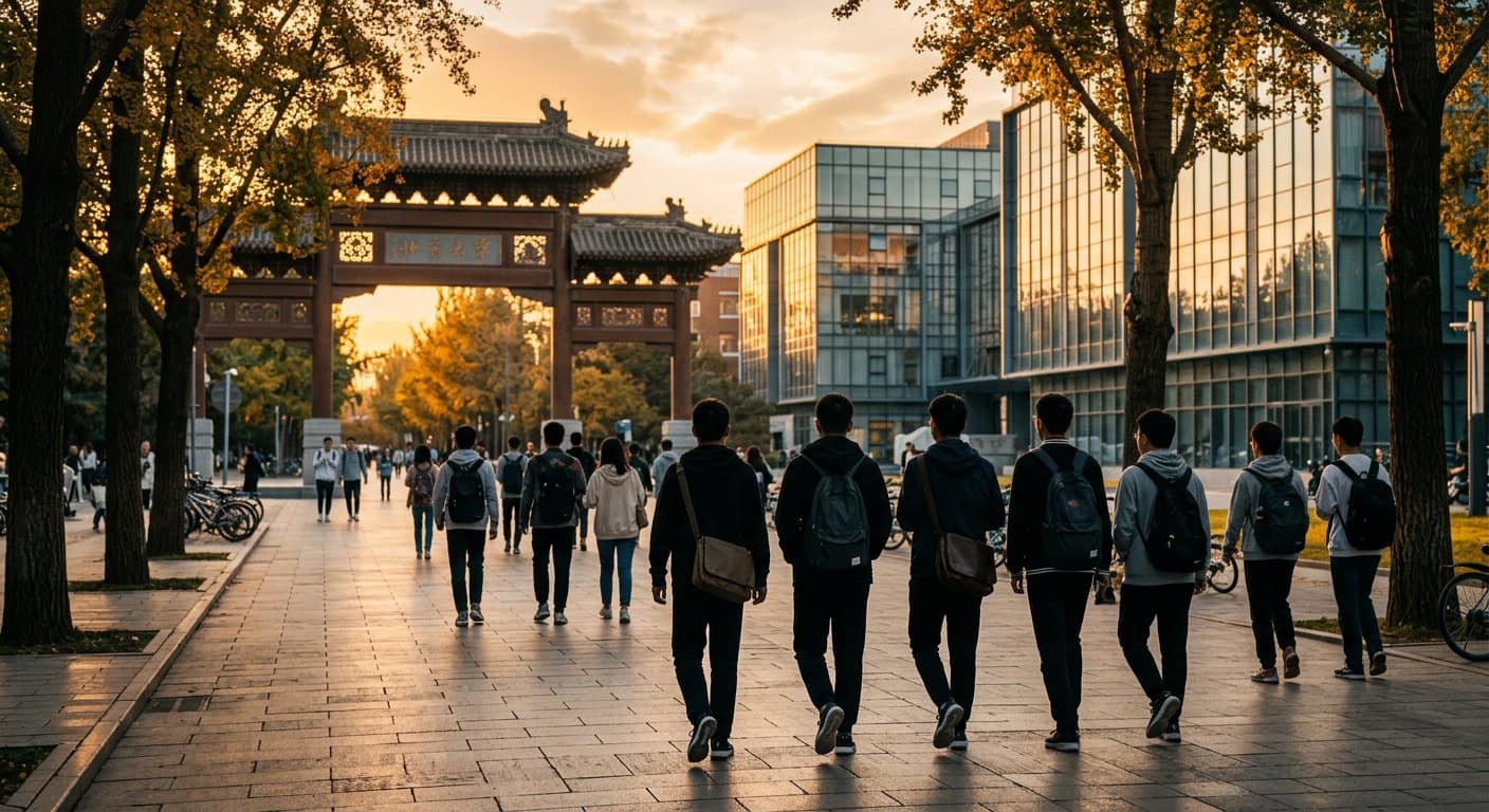 Modern Chinese university campus at golden hour