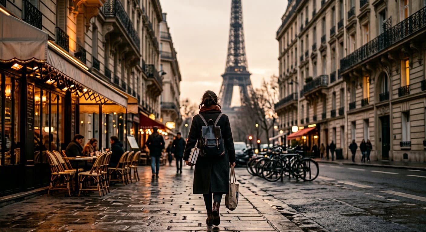 Parisian boulevard with a sidewalk café at dusk
