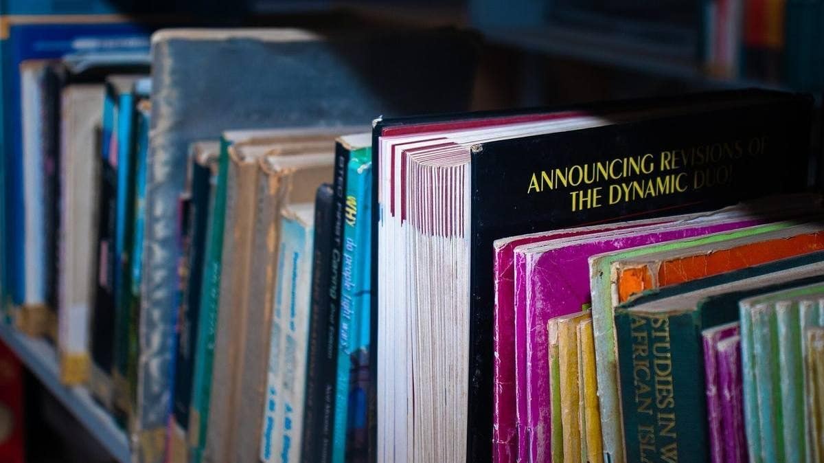 Books on library shelves