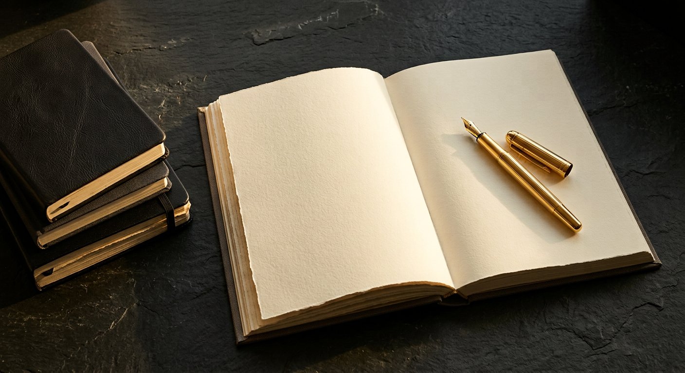 Open journal with a gold fountain pen