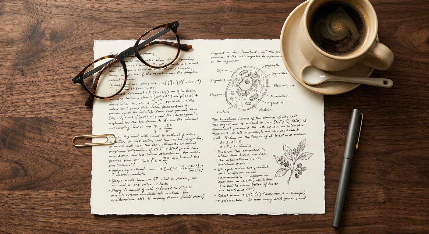 Study notes with coffee and reading glasses