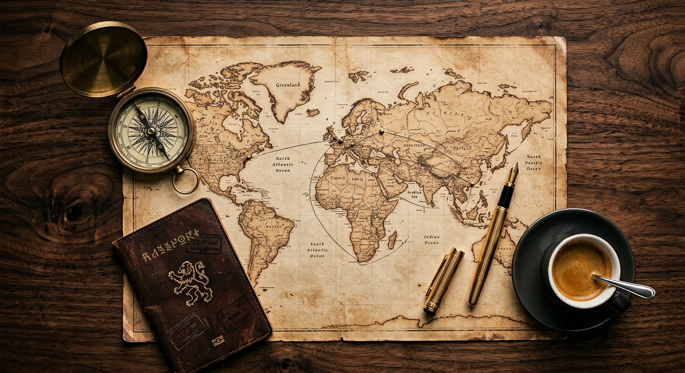 World map with compass and passport